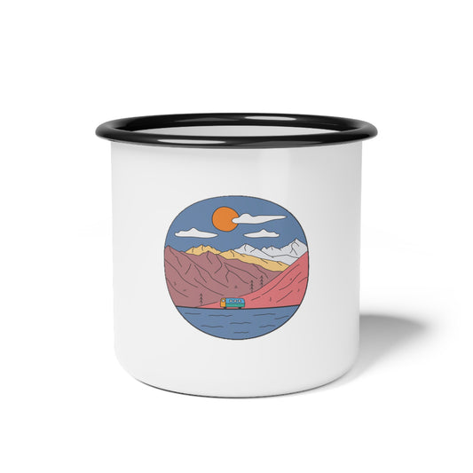 Mountain Lake Enamel Camping Mug | Adventure-Ready 12oz Cup | Vintage Van Design