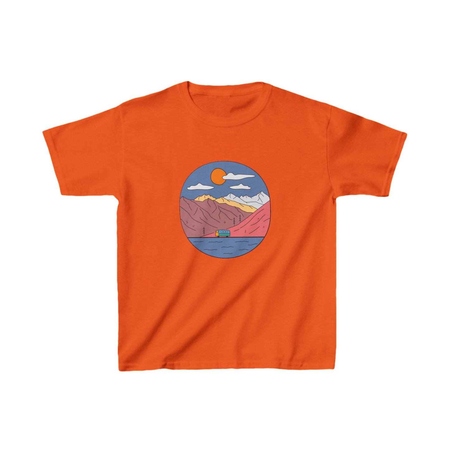 Kids Mountain Adventure T-Shirt | Retro Van Lake Scene | Youth Cotton Tee