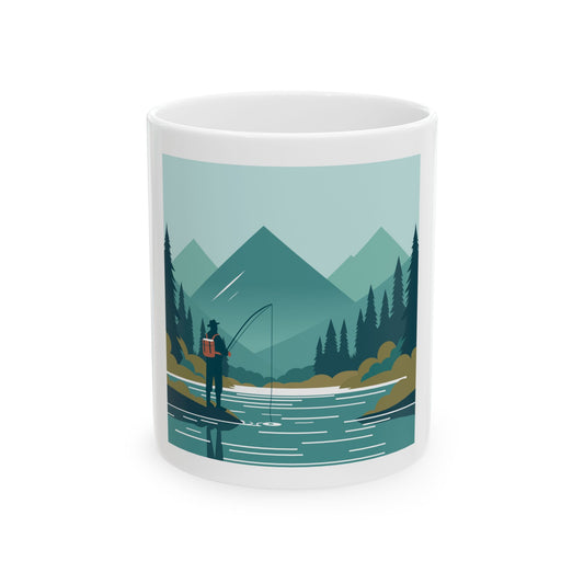 Mountain Lake Fishing Ceramic Mug | 11oz Nature Scene | Modern Outdoor Art