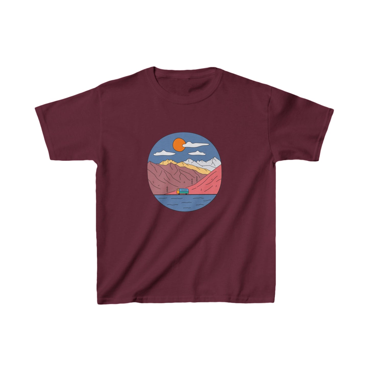 Kids Mountain Adventure T-Shirt | Retro Van Lake Scene | Youth Cotton Tee