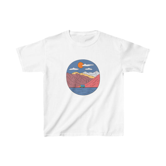 Kids Mountain Adventure T-Shirt | Retro Van Lake Scene | Youth Cotton Tee