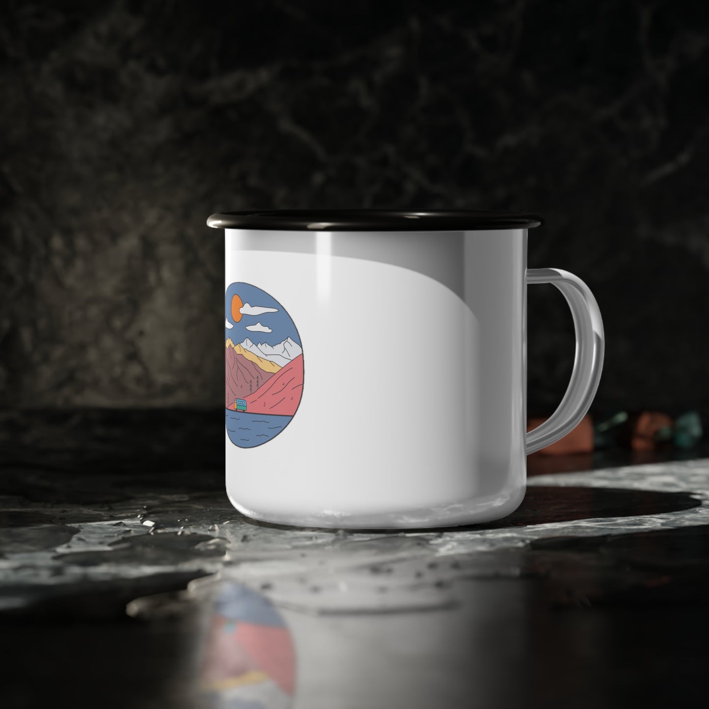 Mountain Lake Enamel Camping Mug | Adventure-Ready 12oz Cup | Vintage Van Design