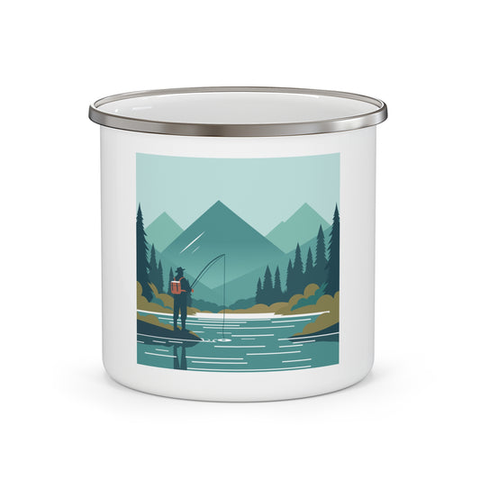 Mountain Angler Enamel Camp Mug | 12oz Fishing Scene | Outdoor Adventure Cup