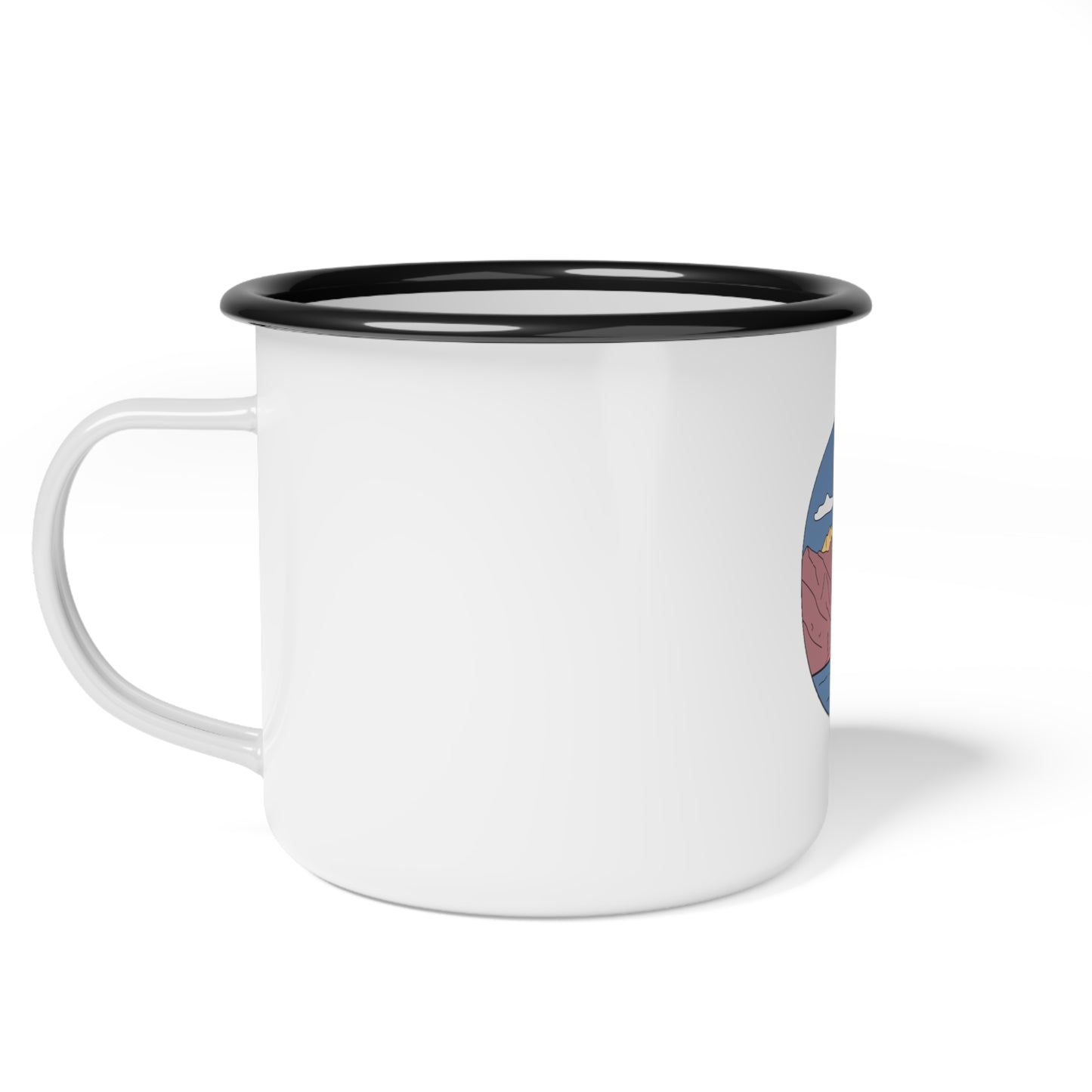 Mountain Lake Enamel Camping Mug | Adventure-Ready 12oz Cup | Vintage Van Design