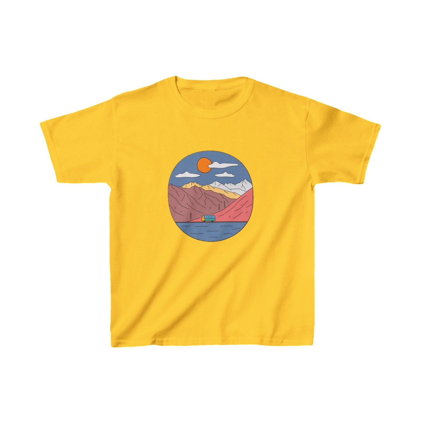 Kids Mountain Adventure T-Shirt | Retro Van Lake Scene | Youth Cotton Tee