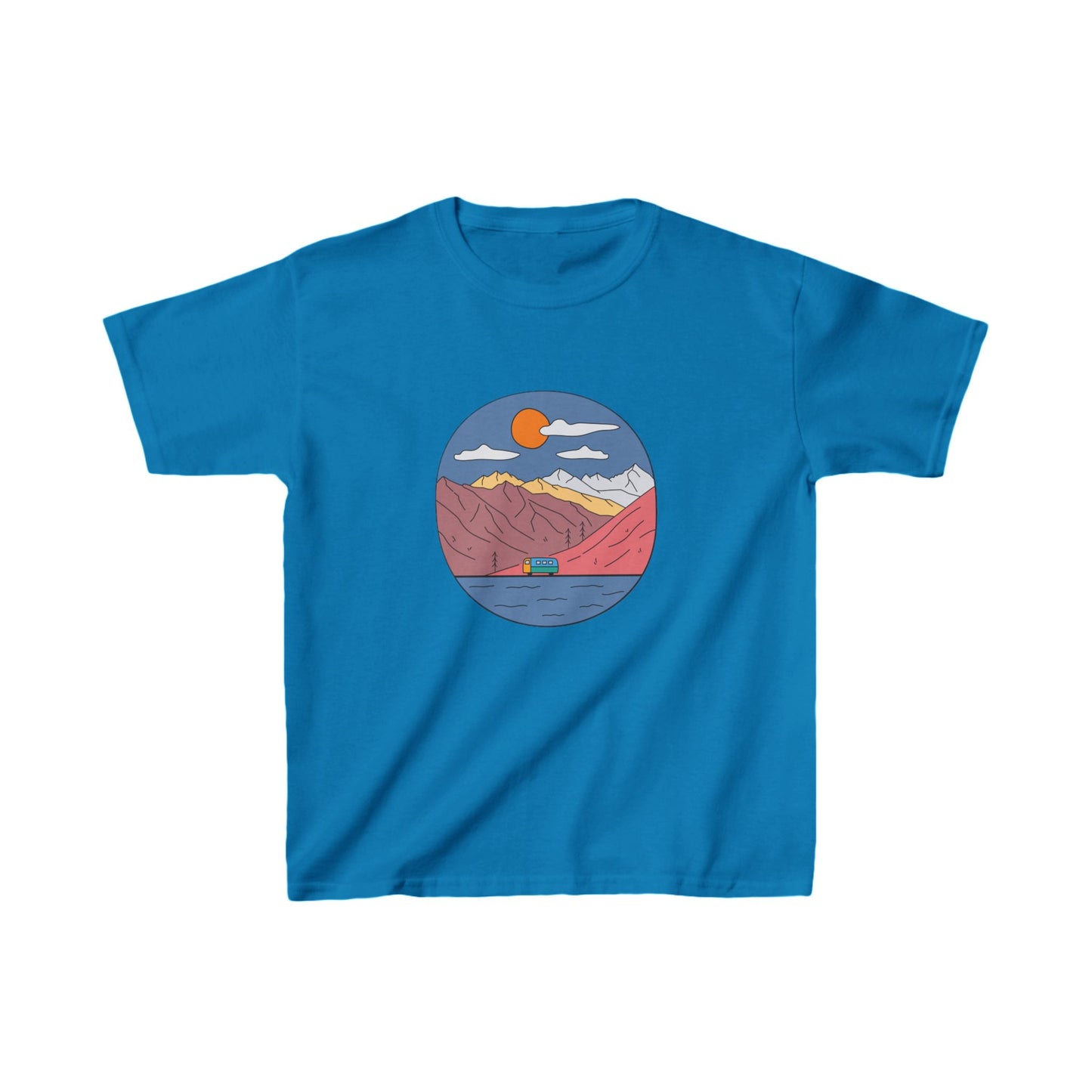 Kids Mountain Adventure T-Shirt | Retro Van Lake Scene | Youth Cotton Tee