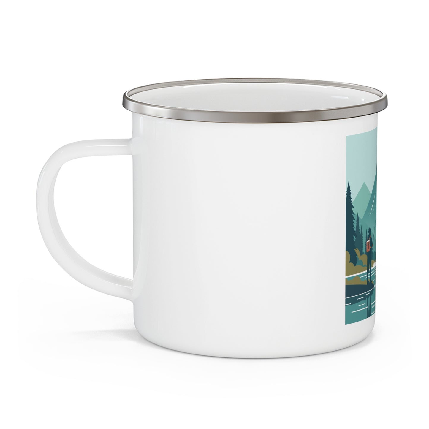 Mountain Angler Enamel Camp Mug | 12oz Fishing Scene | Outdoor Adventure Cup