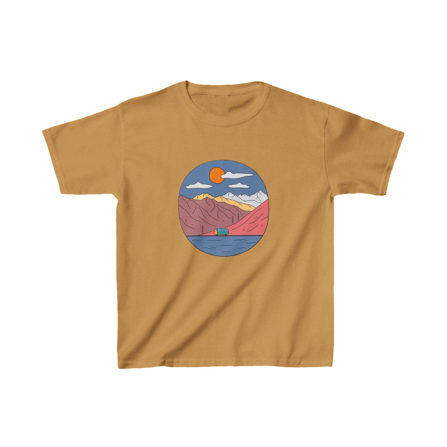 Kids Mountain Adventure T-Shirt | Retro Van Lake Scene | Youth Cotton Tee